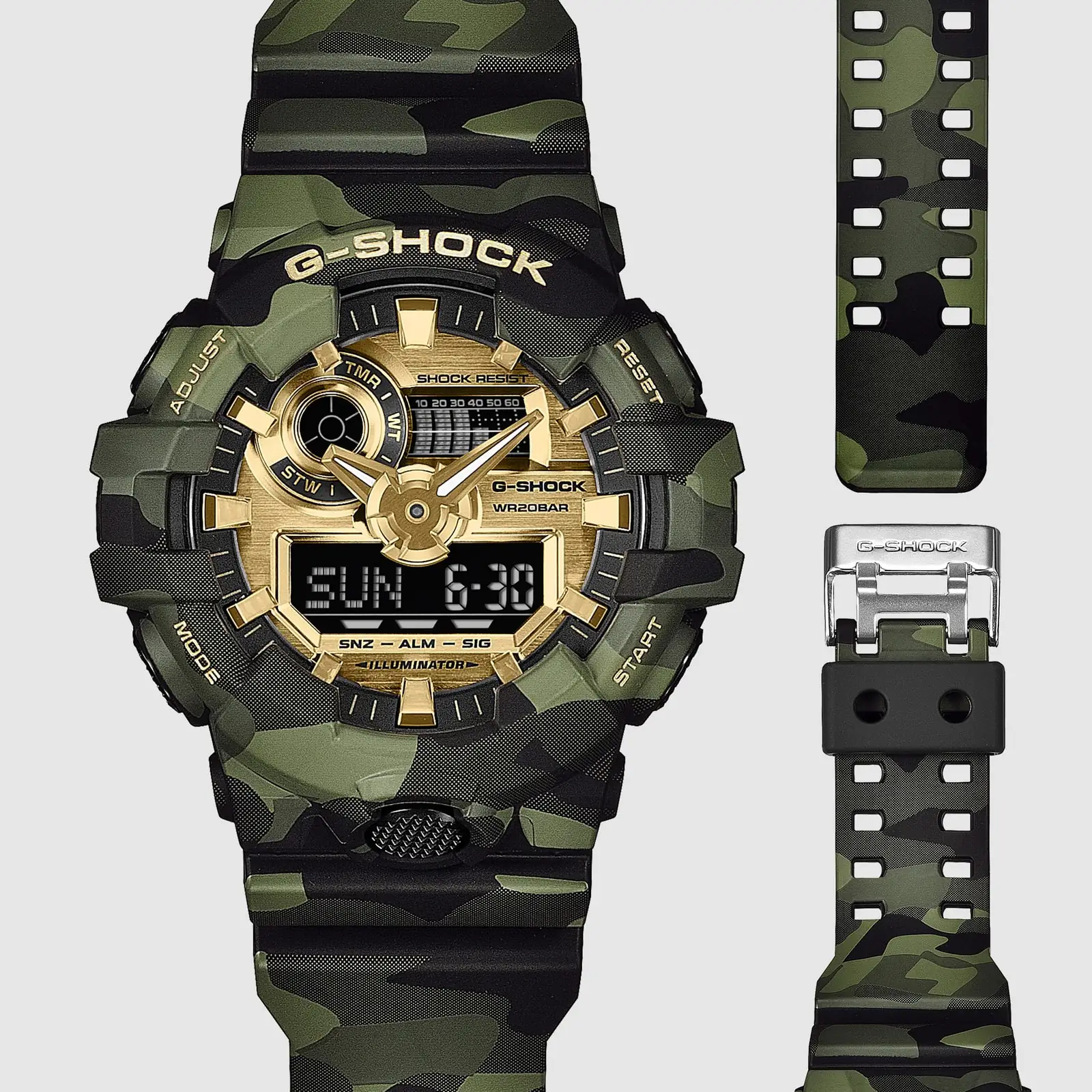 Das Zifferblatt und die Indizes der Armbanduhr GA-700CMG-3AER sind in Gold gehalten