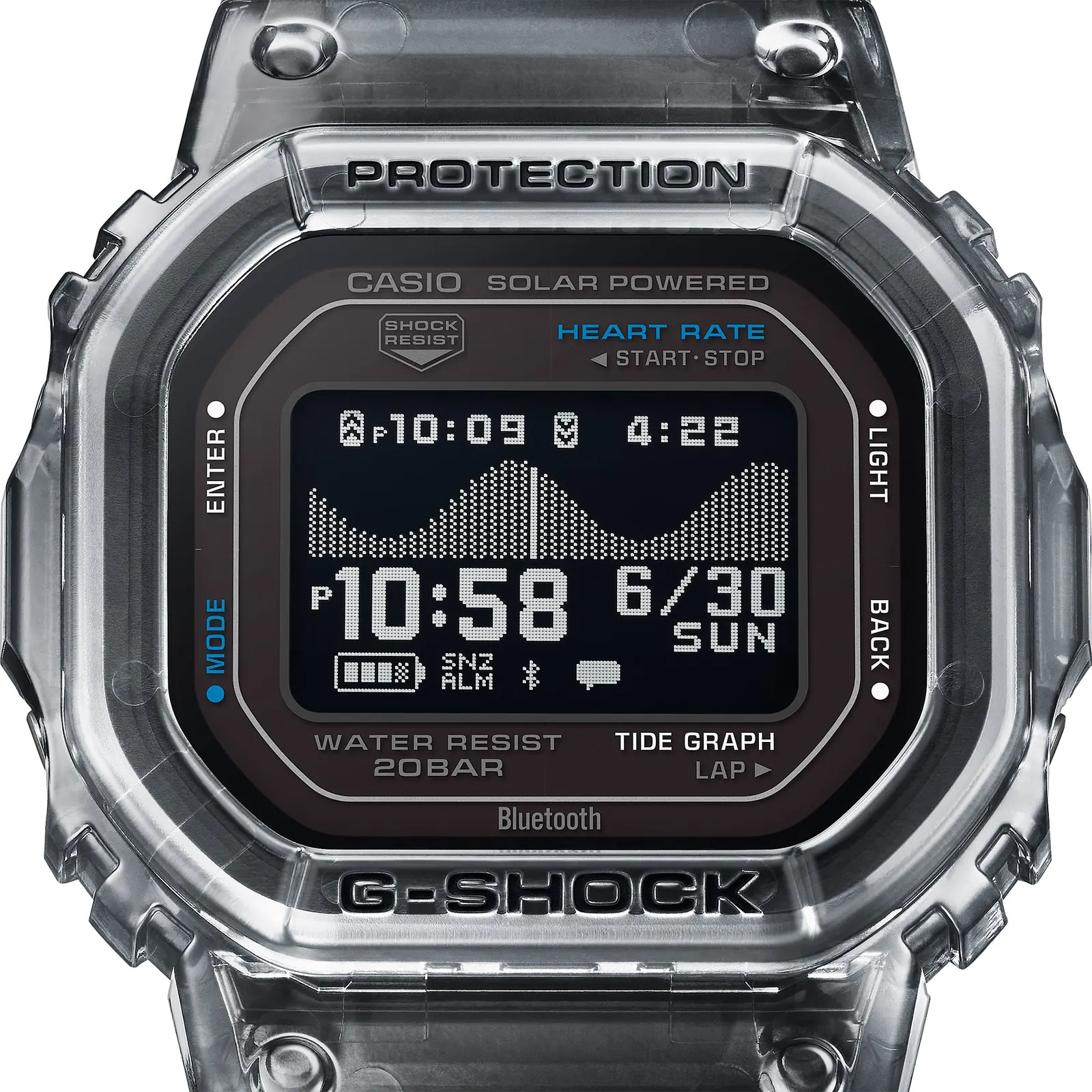 Nahaufnahme des digitalen Negativdisplays mit Gezeitenanzeige der Armbanduhr GBX-H5600-1ER