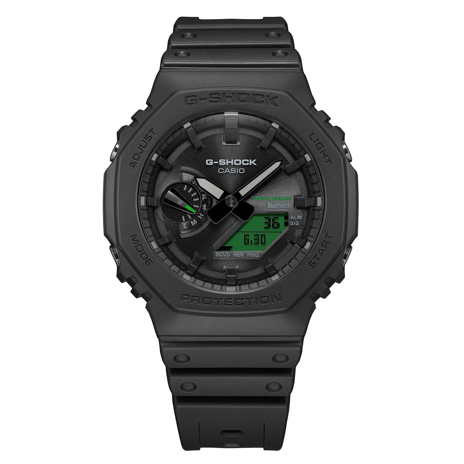Frontansicht der Armbanduhr GA-B2100BEG-1AER mit klassischem, achteckigem Gehäuse