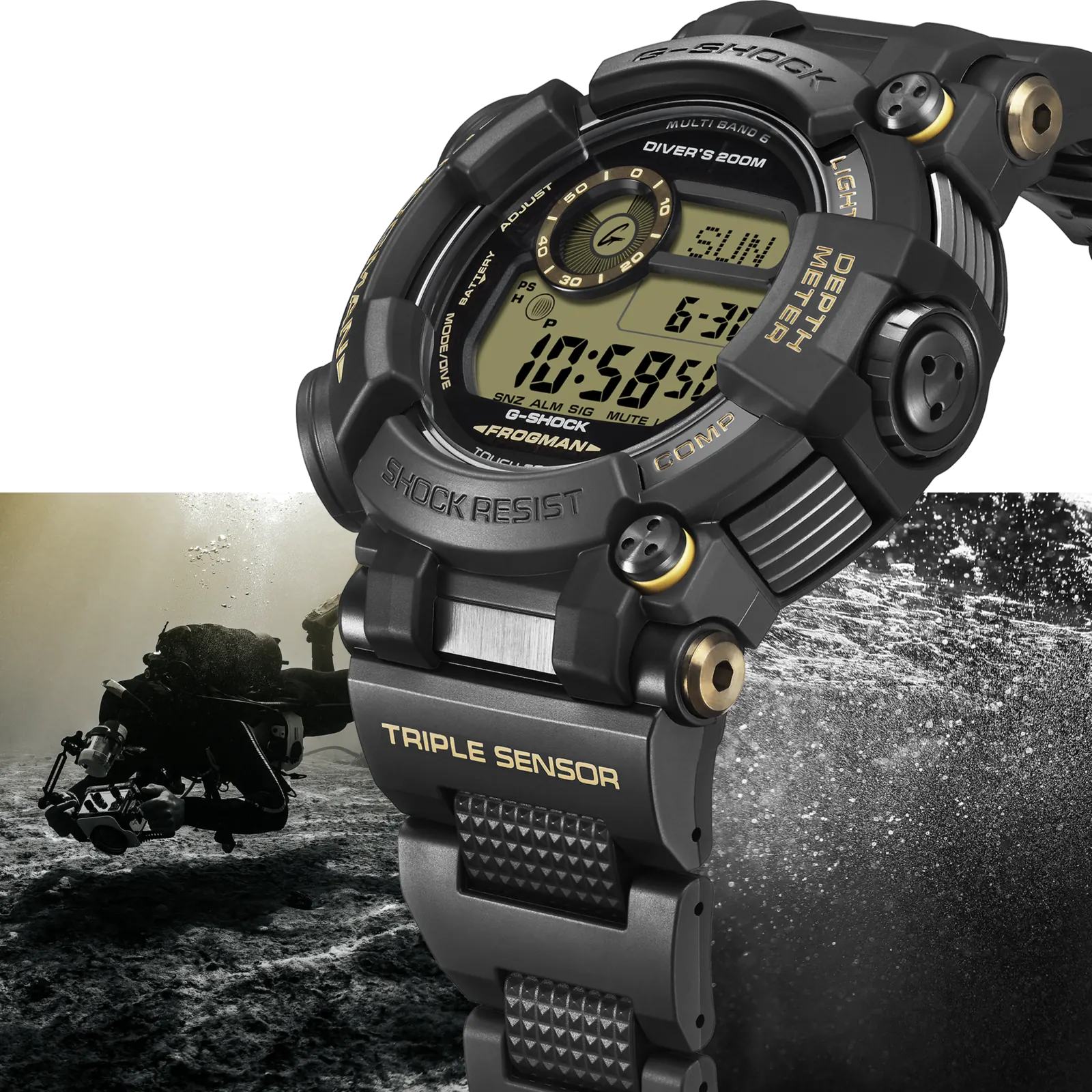 Ein Taucher ist im Hintergrund der G-SHOCK Armbanduhr GWF-D1000BC-1ER zu sehen