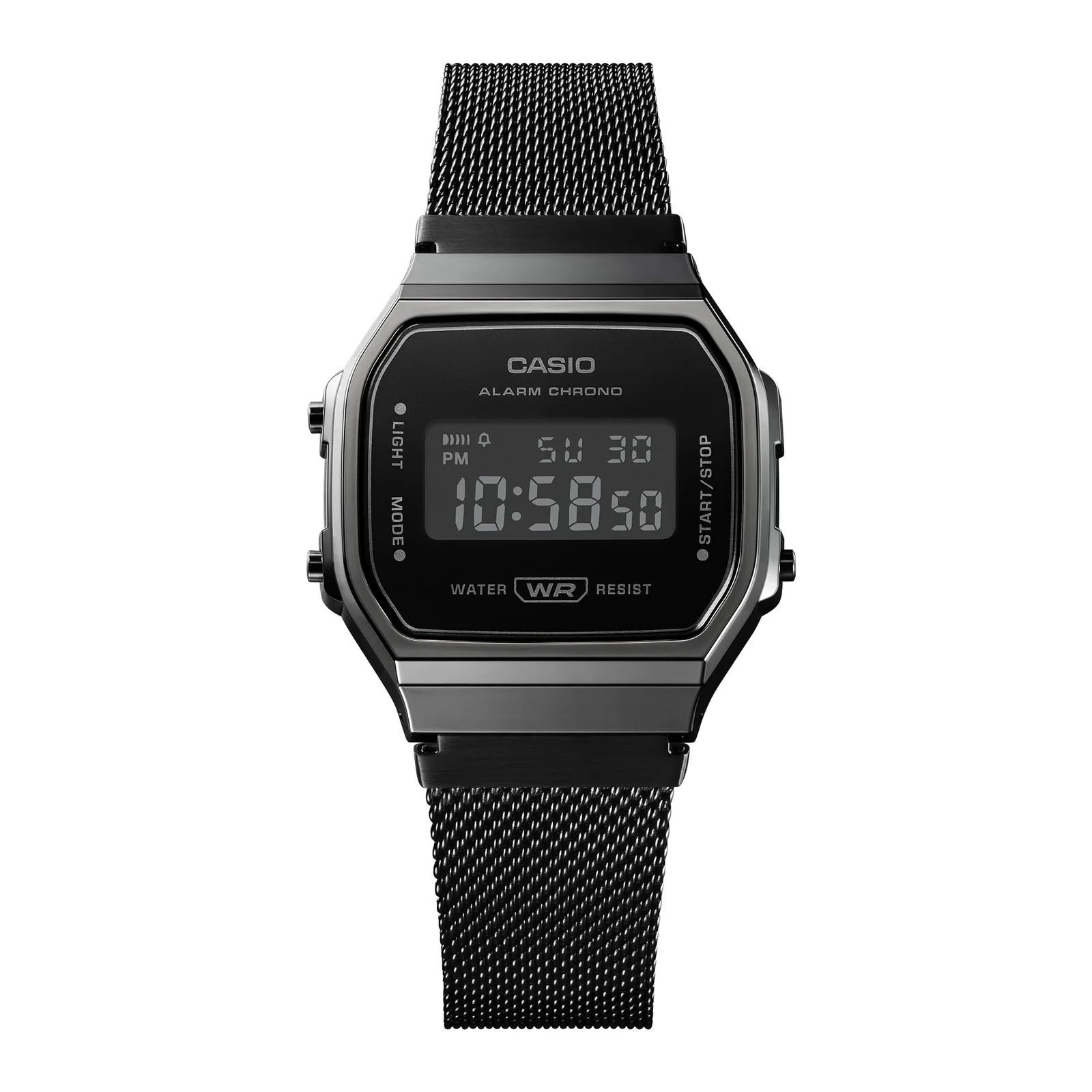 Die CASIO VINTAGE COLLECTION Armbanduhr A168WEMB-1B mit grauer Lünette sowie digitalem Zifferblatt und einem Armband mit IP Finish in Schwarz.