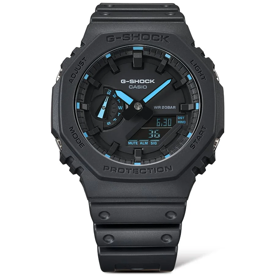 Gehäuse und Armband der G-SHOCK Armbanduhr GA-2100-1A2 direkt von vorn.