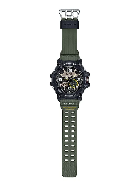 Gesamtansicht der Armbanduhr GG-1000-1A3ER mit doppelter Lochreihe im Olivgrünen Armband
