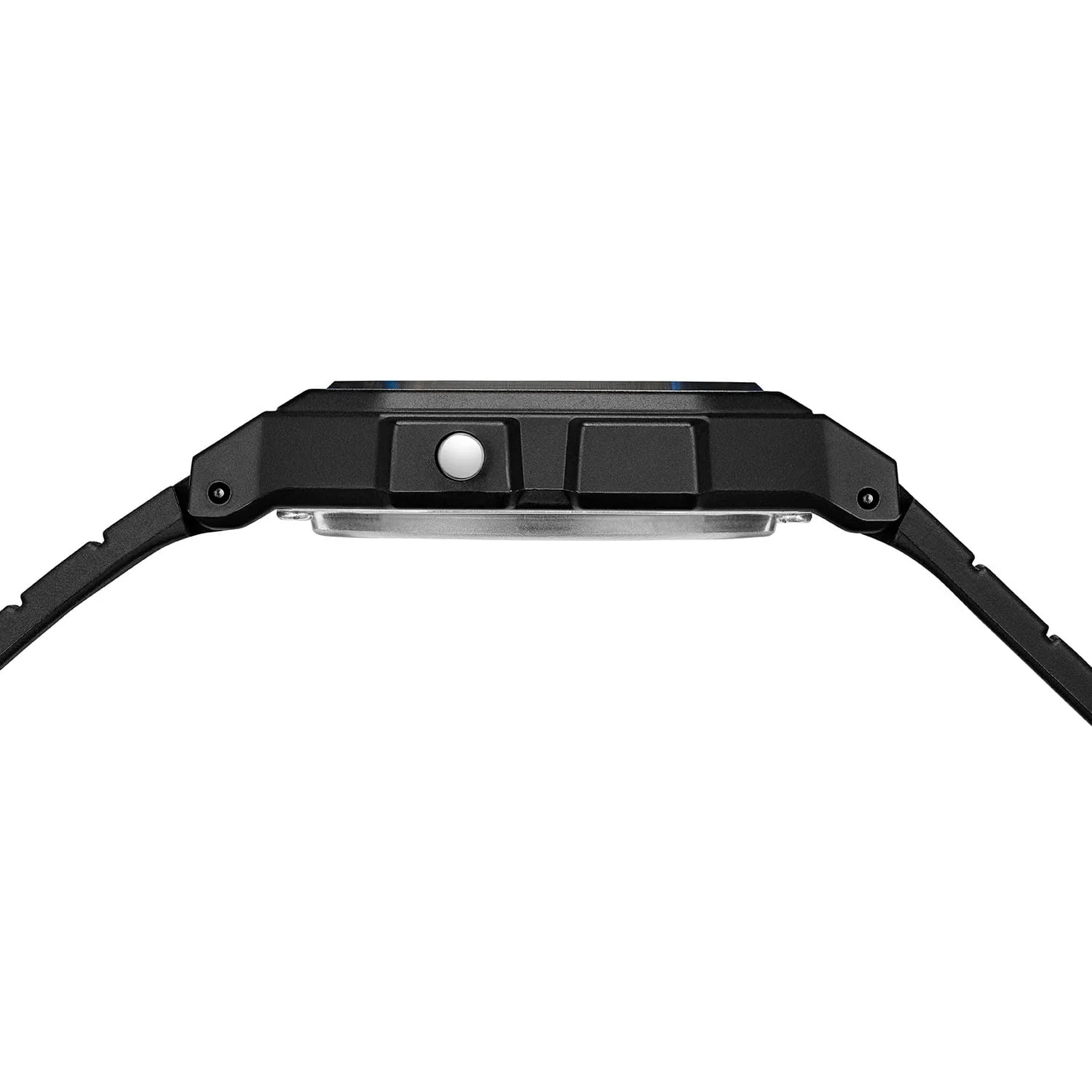 Der seitliche Knopf der schwarzen Armbanduhr F-91W-1Y ist Silber