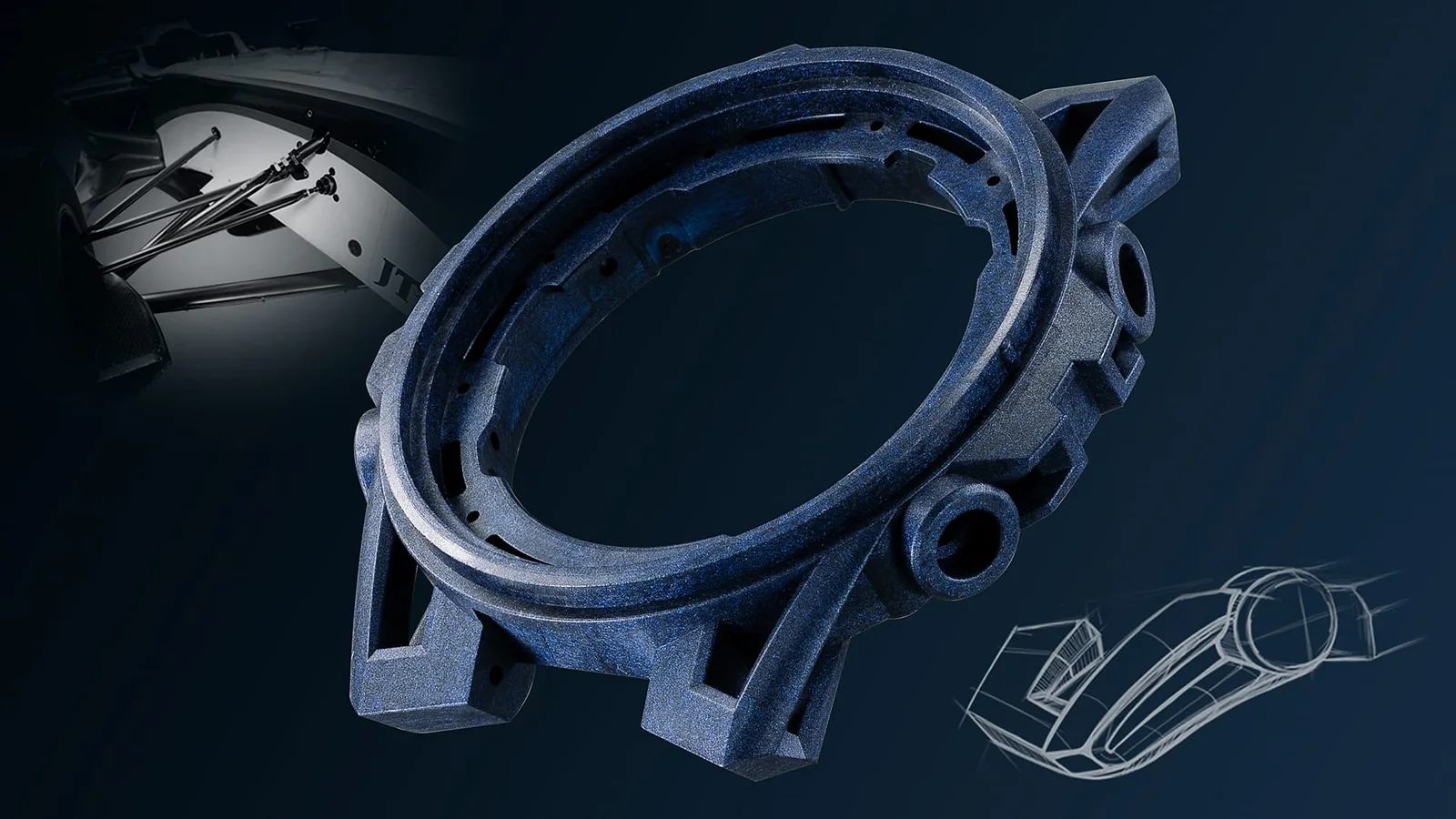 Nahaufnahme des indigoblauen Gehäuses aus karbonfaserverstärktem Harz als einzelnes Bauteil der EDIFICE Armbanduhr ECB-2000CB-2A.