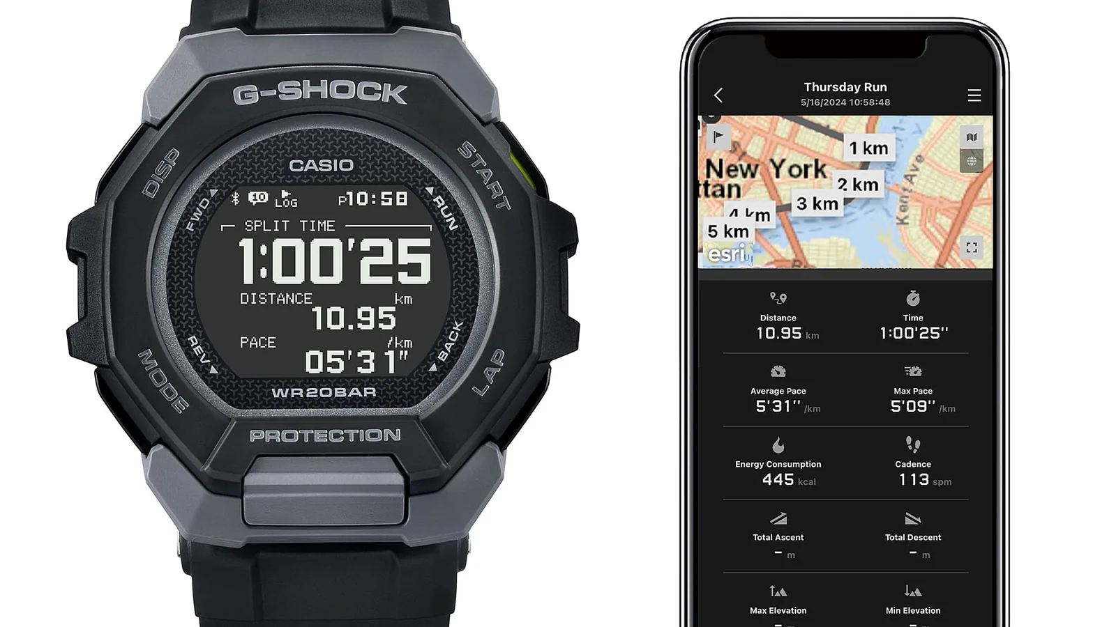 Die G-SHOCK Armbanduhr GBD-300-1 neben einem Smartphone, das eine Trainingsapp anzeigt, als Hinweis auf die Optionen, um eigene sportliche Leistungen zu messen.