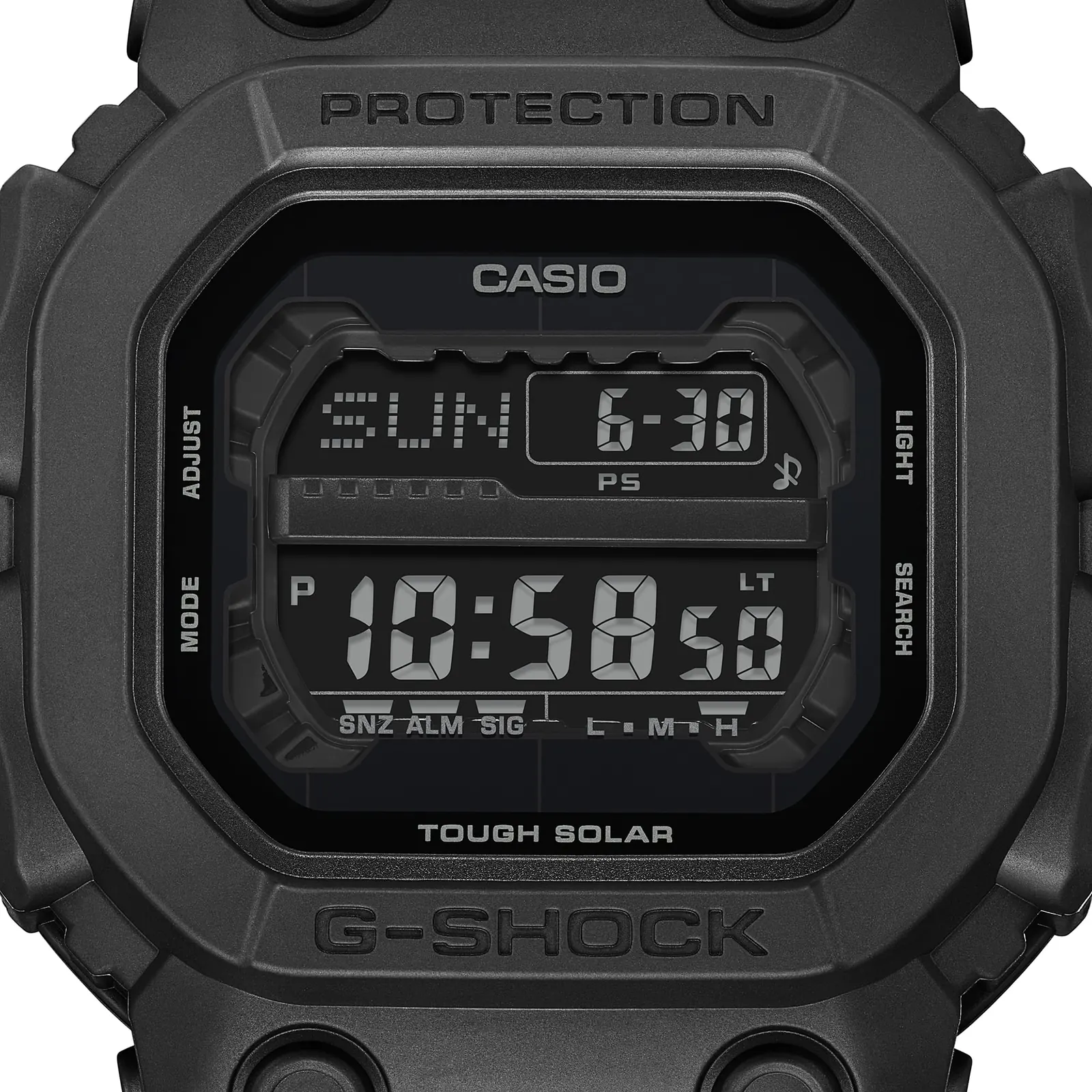 Auf dem digitalen Zifferblatt der Armbanduhr GX-56UBB-1ER von G-SHOCK ist die Uhrzeit und das Datum deutlich abzulesen
