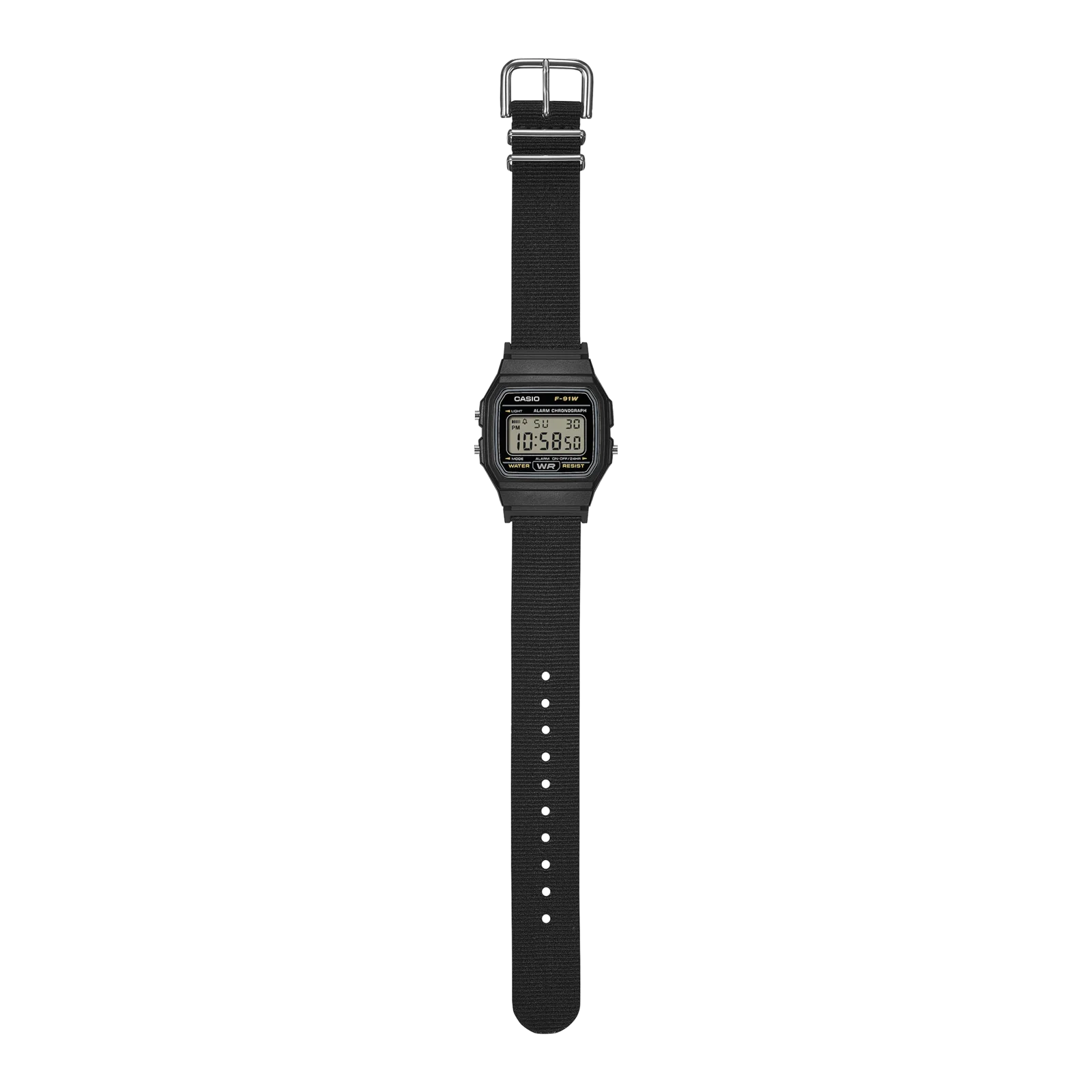 Gesamtansicht der Armbanduhr F-91WF-1AEF mit geöffnetem Armband und silberner Schließe