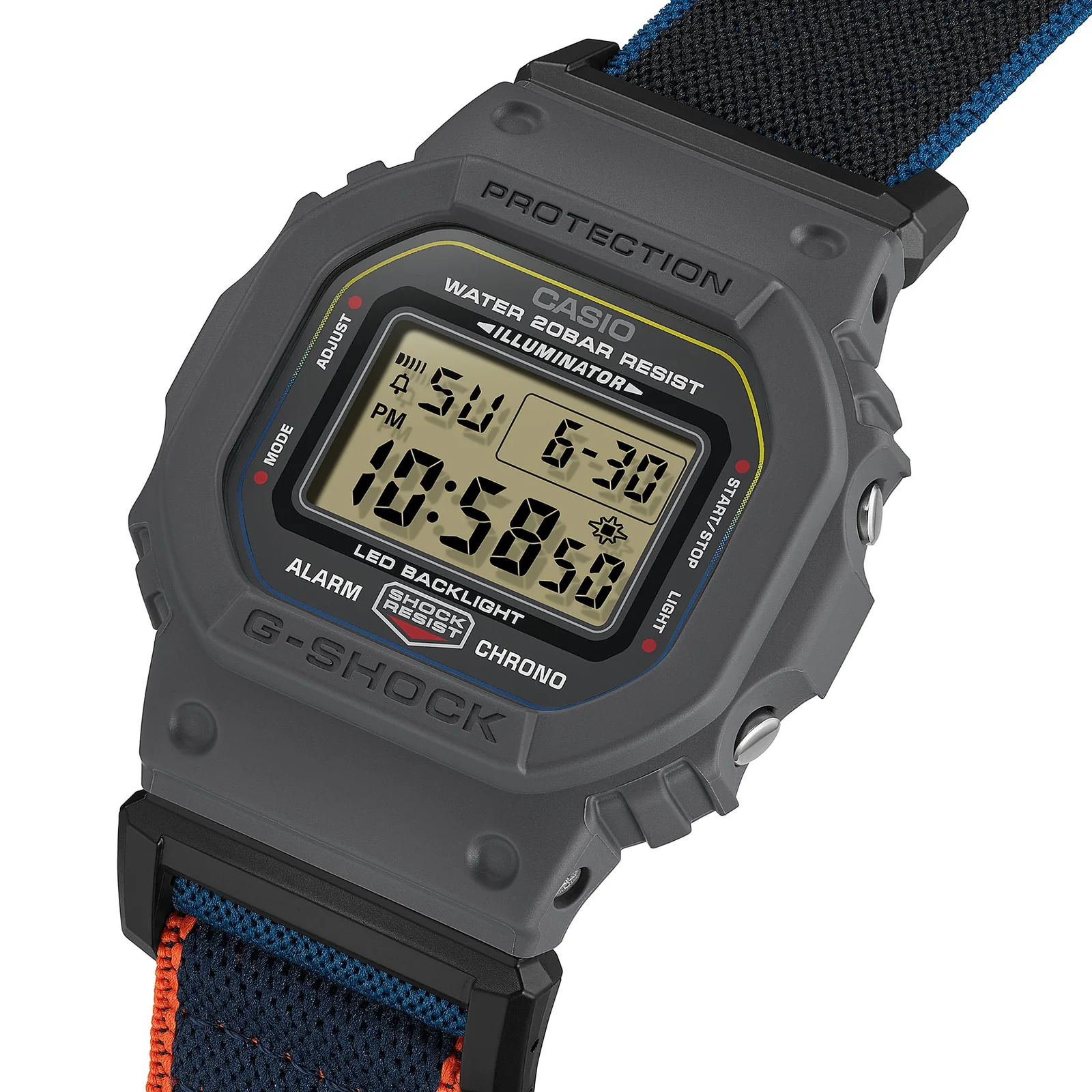 Das Textilarmband der Digitaluhr DW-5600MNC-8A2ER von G-SHOCK ist an dem grauen Gehäuse aus Resin befestigt