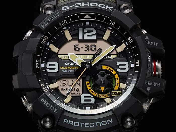 Um das schwarze Zifferblatt der G-SHOCK Armbanduhr GG-1000-1A3ER zieht sich ein silberner Ring